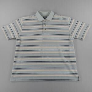 Vintage Joker Brand Blue/Tan/Black/White Striped Polo Mens Size Large Preppy